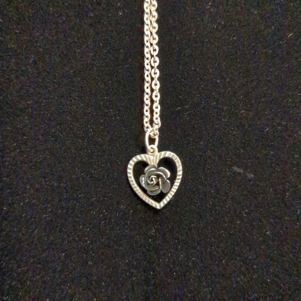 Vintage Sterling Heart Rose Necklace